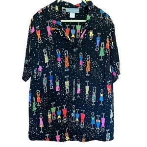 Vintage 90s Carol Anderson Shirt Button Up Short Sleeve Black Rayon